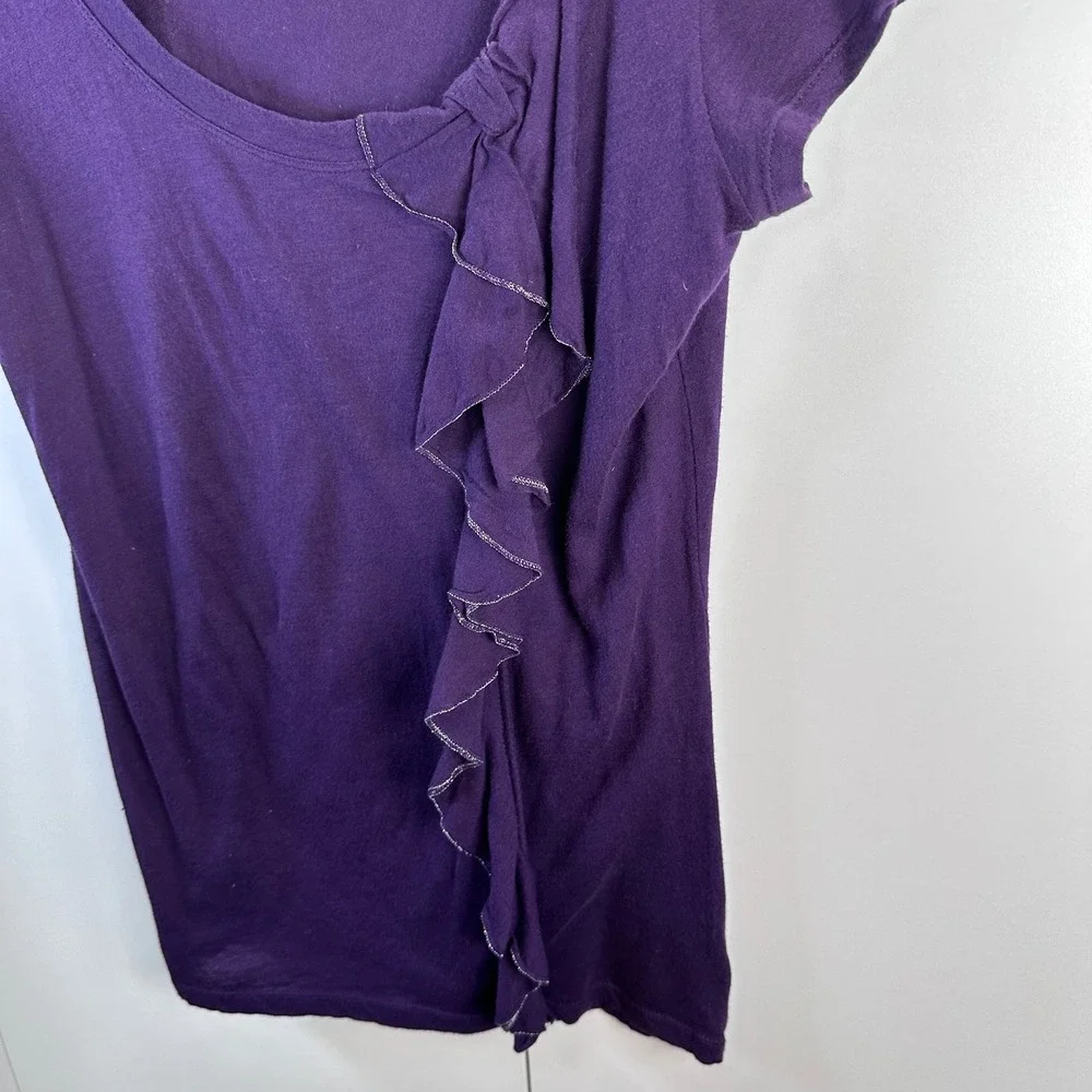 Gap Women's Purple Short Sleeve Ruffle Bow Neck Top Size S Jewel Tone Statement